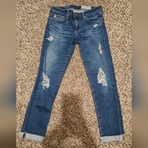 Ag Adriano Goldschmied Blue Ankle Cropped Jeans with Distressed Details